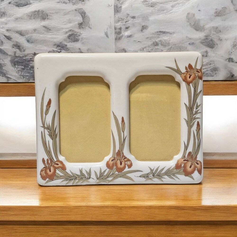 Vtg Picture Frame Porcelain Orchid Orange Floral Metallic Copper Accents Japan - Picture 3 of 10